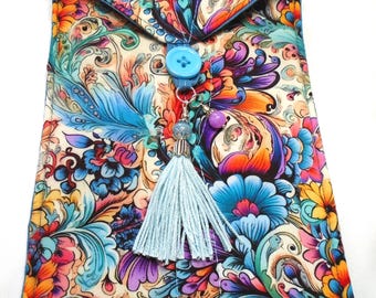 Handmade quilted tarot card bag blue pink aqua purple orange yellow floral handmade blue tassel beads blue silver pink beads