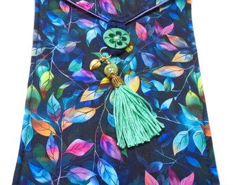 Colorful leaves on dark blue handmade quilted tarot card bag handmade green tassel green gold beads gold leaf charm