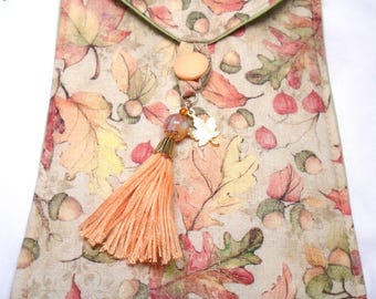 Delicate autumn leaves acorns orange gold brown handmade quilted tarot card bag handmade orange tassel orange beads gold maple leaf charm