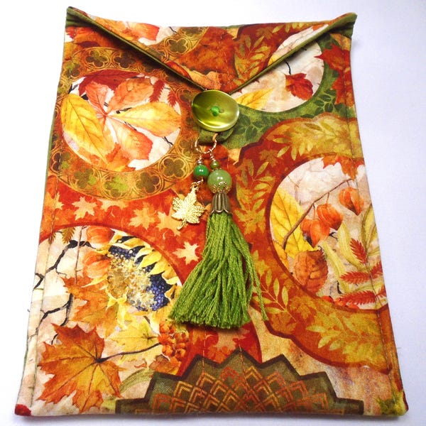 Autumn floral wreaths gold orange brown handmade quilted tarot card bag handmade green tassel green gold beads & gold maple leaf charm