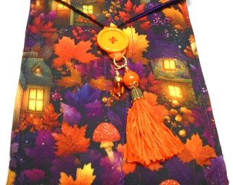 Tiny houses in the woods with leaves berries purple gold orabge handmade quilted tarot card bag handmade orange tassel gold & orange beads