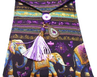 Elephants dressed for festival handmade quilted tarot card bag handmade purple tassel purple and gold beads purple & blue pendant