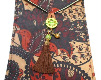 Boho floral shades of brown & green handmade quilted tarot card bag handmade brown tassel green gold copper beads