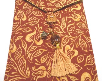 Vintage reproduction of 1800's floral design handmade quilted tarot bag handmade tassel beads copper and gold
