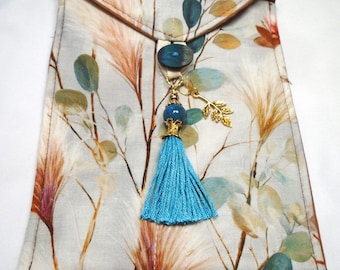 Dried leaves & grasses on ivory handmade quilted tarot card bag handmade blue tassel blue gold beads gold leaf charm