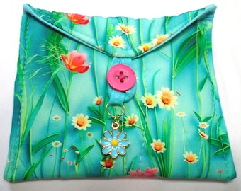 3D floral pink aqua green white yellow handmade quilted tiny tarot bag with blue flower charm