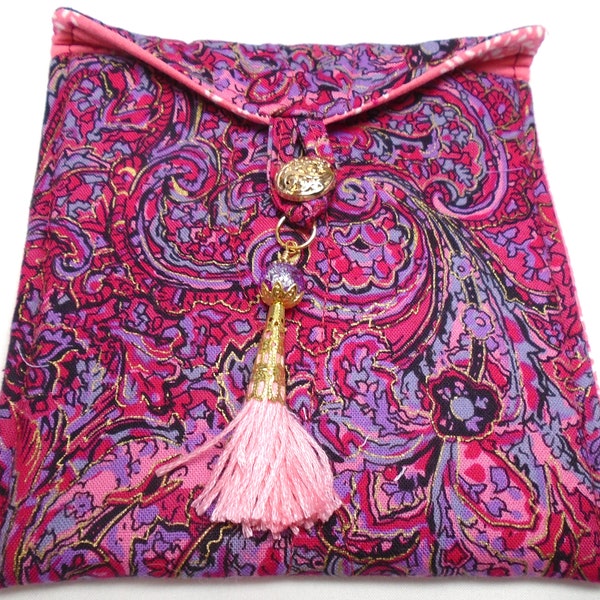 Gilded floral handmade quilted medium tarot card bag pink red purple gold tassel beads