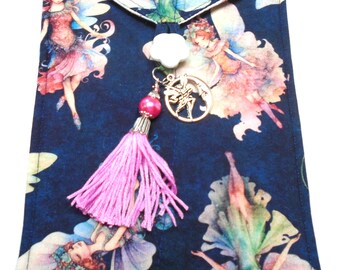 Pretty fairies in aqua pink coral on dark blue handmade quilted tarot card bag handmade pink tassel pink & silver beads silver fairy charm
