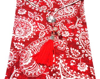Red & white paisley handmade quilted tarot card bag handmade red tassel red and silver beads red rhinestones