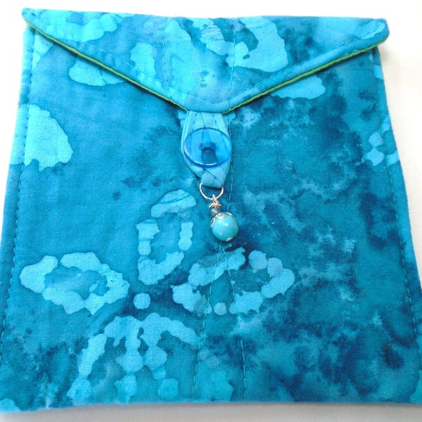 SIMPLY TAROT  Turquoise floral batik handmade quilted medium tarot card bag turquoise & silver beads