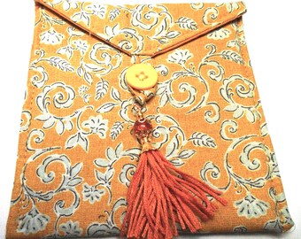 Handmade quilted medium tarot card bag blue floral on yellow handmade orange tassel orange & gold beads