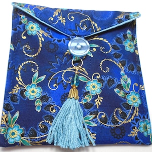Quilted Tarot Card Bag: Aqua Gold Floral, Blue Tassel - Handmade