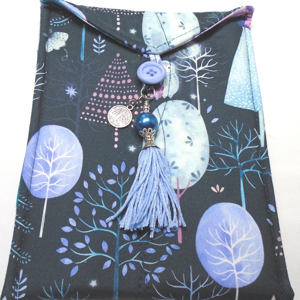Whimsical forest with crescent moons stars bunnies and owls handmade quilted tarot card bag  handmade blue tassel silver tree of life charm