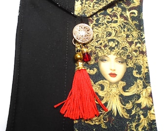 Goth beauty on black with gold floral handmade quilted tarot card bag handmade red tassel red black & gold  beads