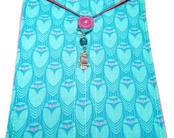 SIMPLY TAROT Rows of little owls  handmade quilted tarot card bag aqua pink silver owl charm