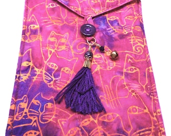 Orange cats on a pink and purple batik handmade quilted tarot card bag handmade purple tassel purple & gold beads gold bell charm