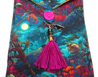 Ravens in top hats pumpkins skulls handmade quilted tarot card bag handmade magenta tassel turquoise & gold beads black raven charm