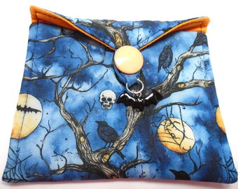 Ravens bats webs full moons on blue handmade quilted tiny tarot card bag with black bat charm