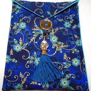 Handmade Quilted Tarot Card Bag: Aqua Gold Floral, Blue Tassel