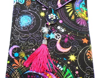 Psychedelic stargazer handmade quilted tarot bag colorful moons stars clouds handmade pink tassel blue purple beads silver peace sign charm