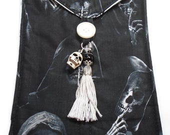 Handmade quilted tarot card bag with hooded skeletons black gray handmade gray tassel black & silver beads skull charm