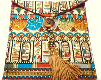 Scenes from ancient Egypt handmade quilted medium tarot card bag handmade tassel with beads brown gold turquoise green red black