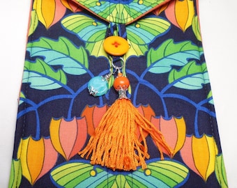 Moths and lantern flowers in shades of orange and green handmade quilted tarot card bag handmade orange tassel silver orange aqua beads