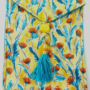 Handmade Quilted Tarot Card Bag: Russet & Blue Floral, Blue Tassel