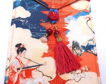 Orange pagoda with musician crane handmade quilted tarot card bag handmade red tassel cinnabar & gold beads  gold Chinese good luck charm