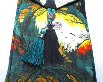 Dark silhouette ancient forest distant castle setting sun handmade quilted tarot bag handmade green tassel green & silver beads silver charm