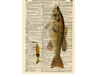 Vintage dictionary wall art large mouth bass