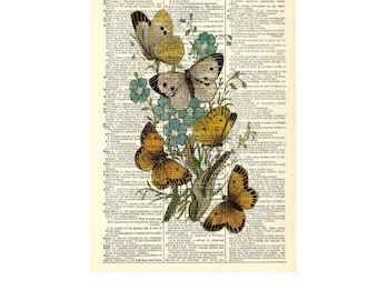 Dictionary art print with butterflies, digital print