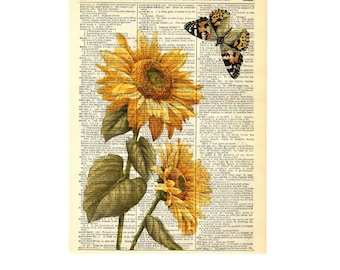 Vintage dictionary sunflower print