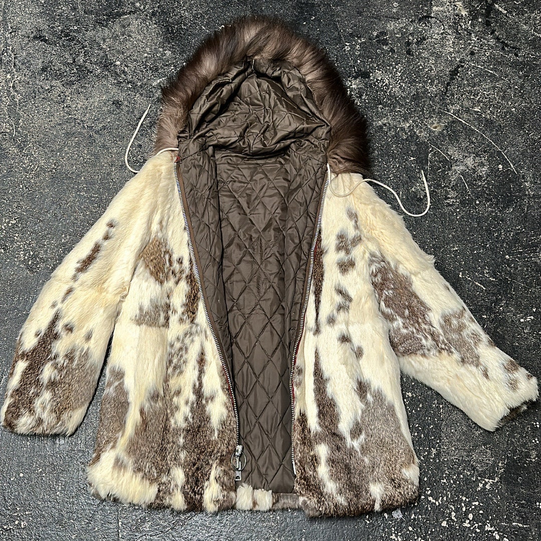 Vintage 50s 60s Rabbit Fur Coat With Fox Hood Trim / MINT / DREAMY / Sz ...
