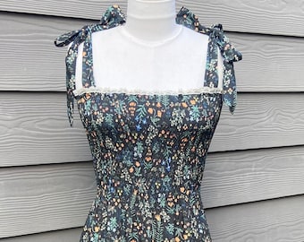 Handmade smocked top Cottage Core Dress made with Rifle Paper co menagerie fabric in black. Lace trim detailing. Size XL
