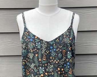 Handmade camisole with Rifle Paper Co rayon menagerie garden print fabric in soft black. Size 8