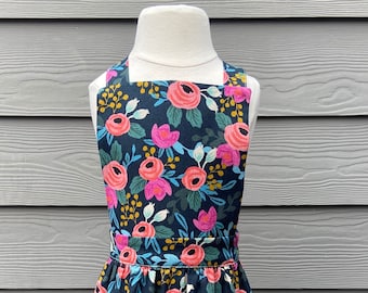 Handmade Children's apron with Rifle Paper Co Canvas fabric in Navy Rosa print. Girls size 4-7, ready to ship!
