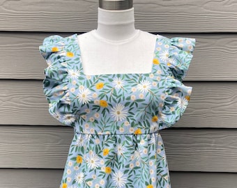Handmade pinafore apron dress with Rifle Paper Co Daisy print cotton linen fabric. Lined in vintage cotton. Ready to Ship!