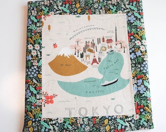 Handmade Canvas Tote Bag with Rifle Paper Co Fabrics. City Map Print on each side featuring Sydney and Tokyo. Lined with interior Pocket.
