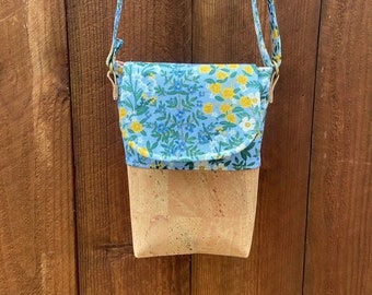Handmade Cross Body purse with cork and Rifle Paper Co fabric. Ready to Ship!