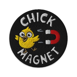 Chick-Magnet Iron-On Patch, Fun Denim Accessory, Embroidered Badge for Jackets, Gifts for Friends, Cute Chicken Design
