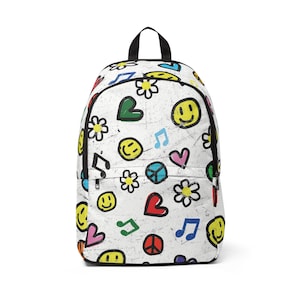 Retro Smiley Fabric Backpack, Vintage School Bag, 90s Style Rucksack, Fun Travel Knapsack, Happy Face Book Bag