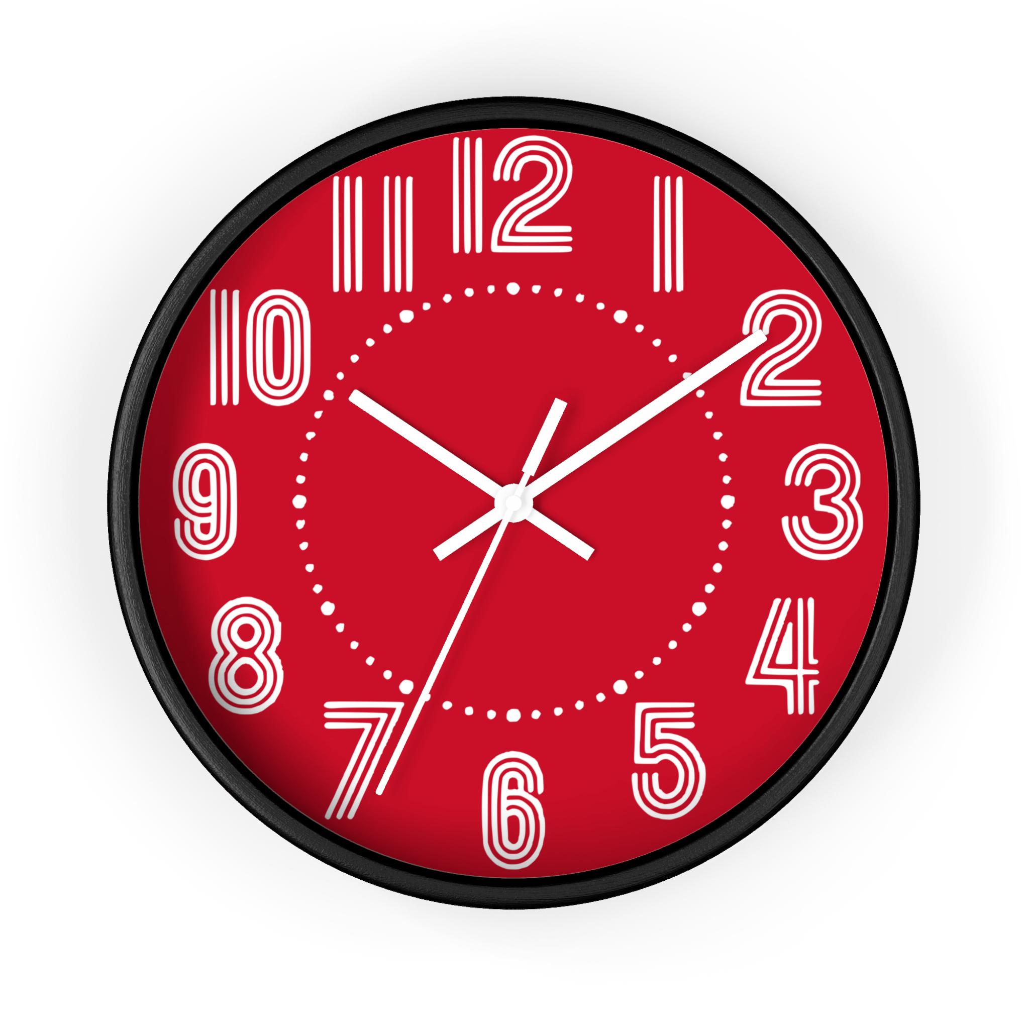 レトロな赤い壁掛け時計、ヴィンテージの丸型時計、ミッドセンチュリー