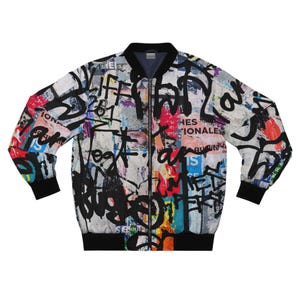 Urban Graffiti Print Streetwear Bomber Jacket, Men&#39;s Outerwear, Stylish Urban Clothing, Cool Graffiti Jacket, Men&#39;s Fashion Statement Piece