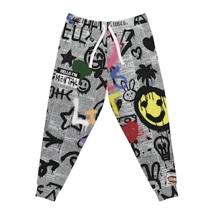 Newspaper Graffiti Athletic Joggers, Streetwear Sweatpants, Urban Style Pajama Pants, Hip Hop Lounge Wear, Workout Track Pants
