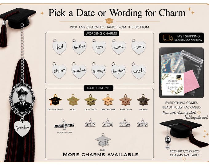 Featured listing image: Graduation Memorial Photo Charm, Custom Grad Cap Keepsake, In Loving Memory Tassel Charm, Senior Tribute Gift, Loss of Loved One, Grad gift
