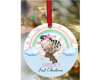 Personalized Baby's First Christmas Ornament: Zebra Rainbow Ceramic