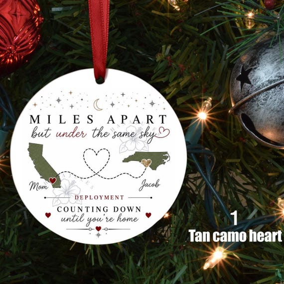 Personalized Deployment Ornament – Miles Apart Under the Same Sky Military Christmas Ornament, Custom State Map Gift for Military Families