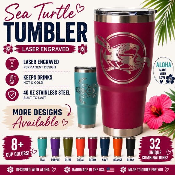 Laser Engraved Hawaiian Sea Turtle 40 oz Stainless Steel Tumbler | Honu Travel Mug | Tropical Aloha Gift for Beach & Ocean Lovers