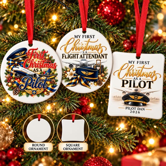 Personalized First Christmas Ornament, Pilot Christmas Gift, Flight Attendant Ornament, Aviation Christmas Keepsake, Pilot Ornament